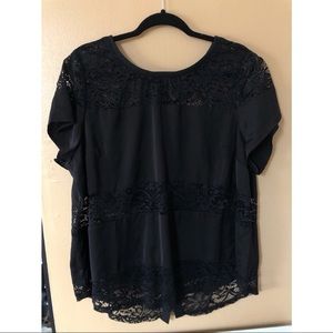 Torrid Black Lace Inset Short Sleeve Satin Blouse